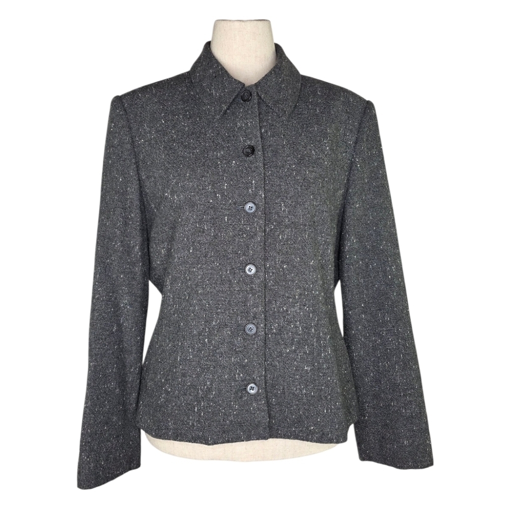 Vintage Evan-Picone Gray Wool Blend Tweed Button Front Jacket Blazer 14